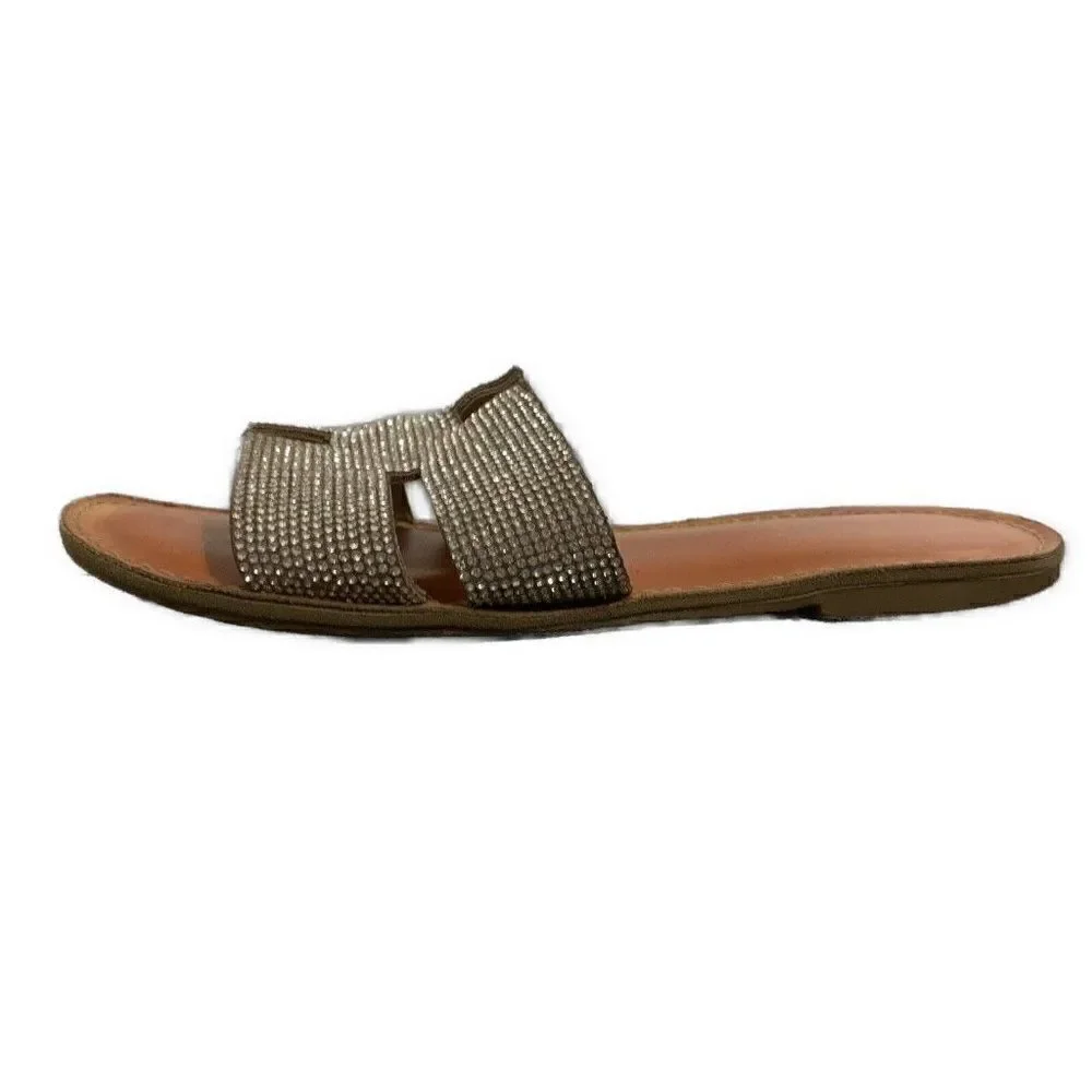 Rock & Candy Womens Silver Embellished Rhinestone Flat Slide Sandals 7